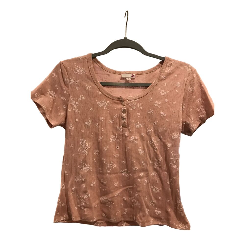 Juniors Large Shirt SO pink floral Scoop neck Short Sleeve Crop
